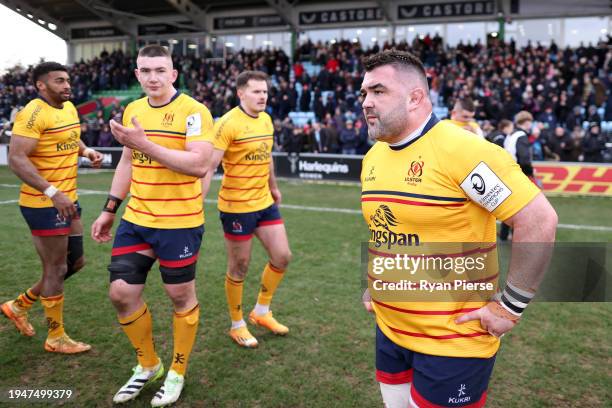 Marty Moore of Ulster Rugby reacts after the Investec Champions Cup match between Harlequins and Ulster Rugby at Twickenham Stoop on January 20, 2024...