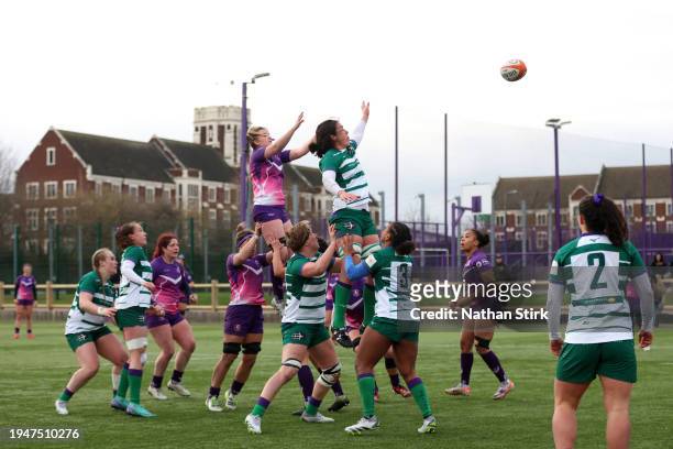 Rowena Burnfield of Ealing Trailfinders and Daisy Hibbert-Jones of Loughborough Lightning compete for the ball in the line-out during the Allianz...