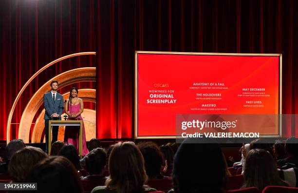 German actress Zazie Beetz and US actor Jack Quaid announce the nominees for Original Screenplay during the 96th Academy Awards nominations...