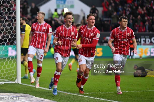 Scott Twine of Bristol City celebrates scoring his side's first goal during the Sky Bet Championship match between Bristol City and Watford at Ashton...
