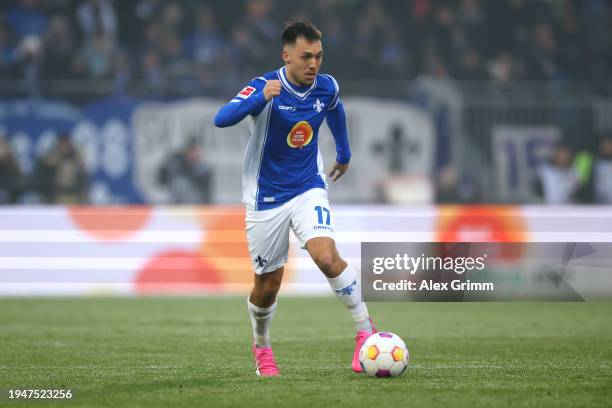 Julian Justvan of SV Darmstadt 98 controls the ball during the Bundesliga match between SV Darmstadt 98 and Eintracht Frankfurt at Merck-Stadion am...