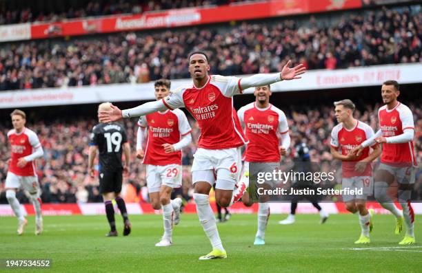 Gabriel of Arsenal celebrates scoring his team's first goal during the Premier League match between Arsenal FC and Crystal Palace at Emirates Stadium...