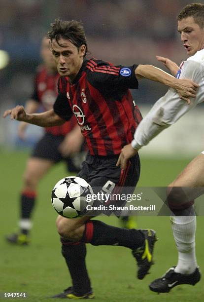 Filippo Inzaghi of AC Milan breaks through the Ajax defence during the AC Milan v Ajax quarter final 2nd leg Champions League match on April 23, 2003...