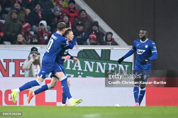 Maximilian Beier of TSG 1899 Hoffenheim celebrates scoring his team's second goal during the Bundesliga match between Sport-Club Freiburg and TSG...