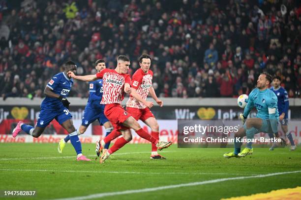 Roland Sallai of Sport-Club Freiburg scores his team's third goal during the Bundesliga match between Sport-Club Freiburg and TSG Hoffenheim at...