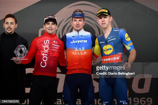 Bryan Coquard of France and Team Cofidis on second place, race winner Dylan Groenewegen of The Netherlands and Team Jayco AlUla and Tim Torn...