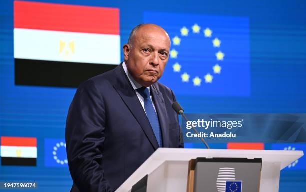 Egyptian Foreign Minister Sameh Hassan Shoukry speaks during joint press conference with Vice-President of the European Commission, High...