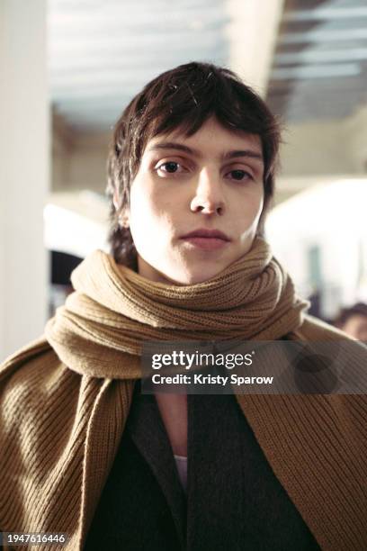 Model poses backstage prior to the Officine Generale Menswear Fall/Winter 2024-2025 show as part of Paris Fashion Week on January 19, 2024 in Paris,...