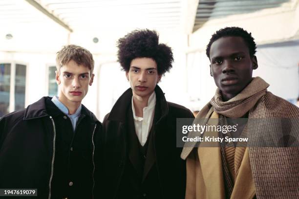 Models pose backstage prior to the Officine Generale Menswear Fall/Winter 2024-2025 show as part of Paris Fashion Week on January 19, 2024 in Paris,...