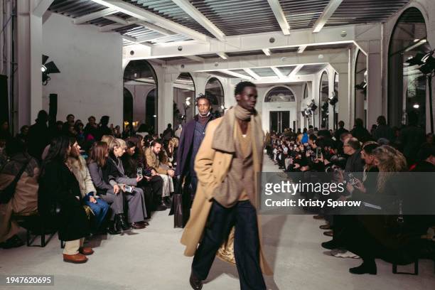 Models walk the runway during the Officine Generale Menswear Fall/Winter 2024-2025 show as part of Paris Fashion Week on January 19, 2024 in Paris,...