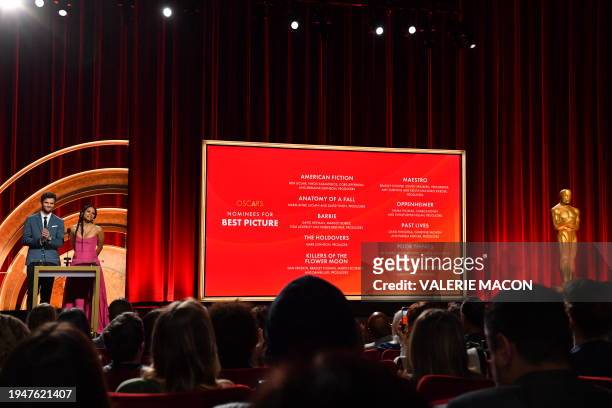 German actress Zazie Beetz and US actor Jack Quaid announce the nominees for Best Picture during the 96th Academy Awards nominations announcement at...