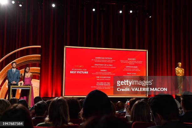 German actress Zazie Beetz and US actor Jack Quaid announce the nominees during the 96th Academy Awards nominations announcement at the Samuel...