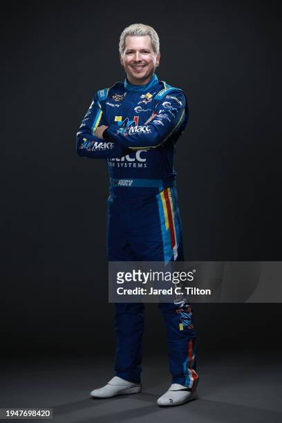Driver Brennan Poole poses for a photo during the 2024 NASCAR Production Days at Charlotte Convention Center on January 17, 2024 in Charlotte, North...