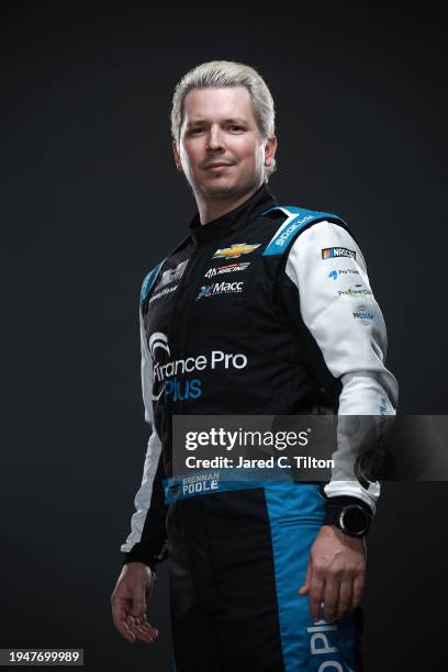 Driver Brennan Poole poses for a photo during the 2024 NASCAR Production Days at Charlotte Convention Center on January 17, 2024 in Charlotte, North...