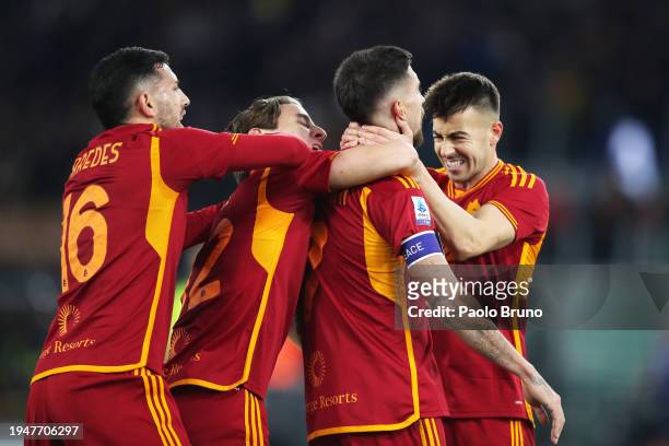 Lorenzo Pellegrini of AS Roma celebrates with teammates Leandro Paredes , Edoardo Bove and Stephan El Shaarawy after scoring his team's second goal...