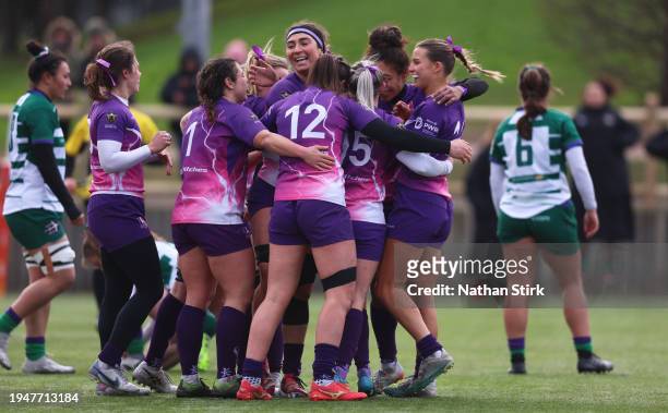 Bulou Mataitoga of Loughborough Lightning celebrates with teammates scoring her team's third try during the Allianz Premiership Women's Rugby match...