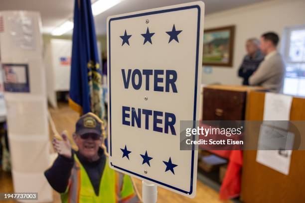 Sign directs voters inside of a polling location on January 23, 2024 in Northumberland, New Hampshire. With Florida Governor Ron DeSantis dropping...