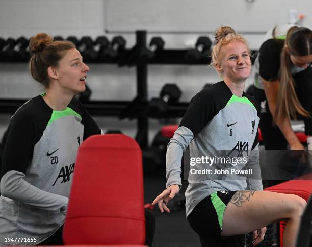 Jasmine Matthews of Liverpool Women with Yana Daniels of Liverpool Women in the gymat Melwood Training Ground on January 19, 2024 in Liverpool,...