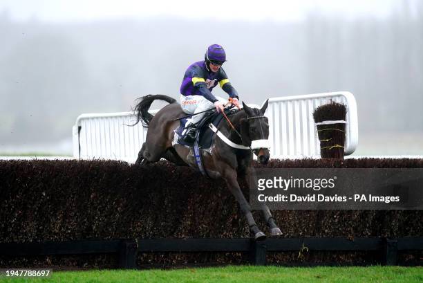 Abuffalosoldier ridden by jockey James Bowen on their way to winning the Remembering Bob Olney Novices' Handicap Chase at Newbury Racecourse,...
