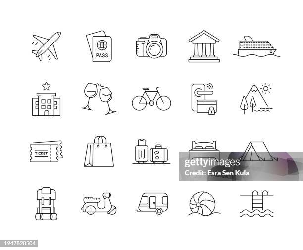 ilustraciones, imágenes clip art, dibujos animados e iconos de stock de conjunto de iconos de línea de viaje con trazo editable - actividades recreativas