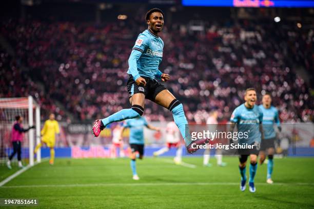 Nathan Tella of Leverkusen celebrates after scoring his teams first goal during the Bundesliga match between RB Leipzig and Bayer 04 Leverkusen at...