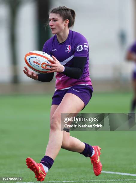 Helen Nelson of Loughborough Lightning catches the ball during the Allianz Premiership Women's Rugby match between Loughborough Lightning and...