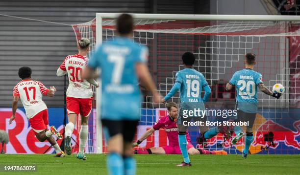 Lois Openda of RB Leipzig sgduring the Bundesliga match between RB Leipzig and Bayer 04 Leverkusen at Red Bull Arena on January 20, 2024 in Leipzig,...