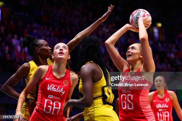 Helen Housby of England takes a shot at goal during the Vitality Netball Nations Cup match between England and Uganda at OVO Arena Wembley on January...