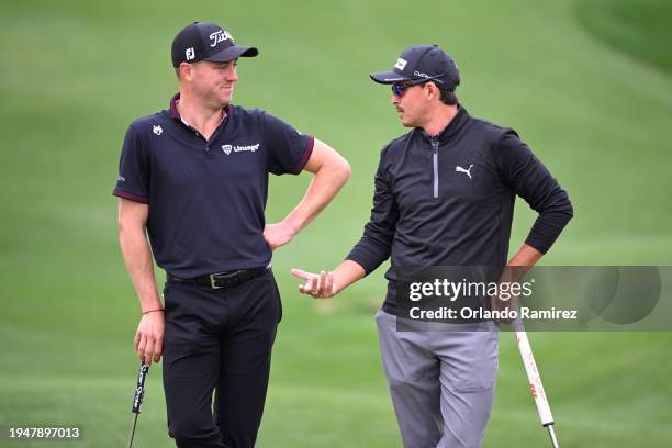Justin Thomas and Rickie Fowler of the Untied States talk on the fifth green during the third round of The American Express at Pete Dye Stadium...
