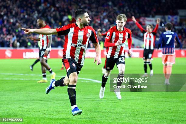 Neal Maupay of Brentford celebrates scoring his team's third goal during the Premier League match between Brentford FC and Nottingham Forest at Gtech...