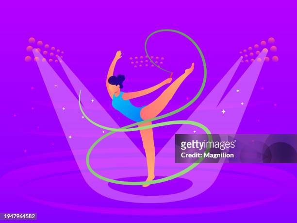 the girl, dressed in a blue suit, performs on a purple background illuminated by spotlights, showcasing her rhythmic gymnastics skills with a green ribbon - ribbon routine rhythmic gymnastics stock illustrations