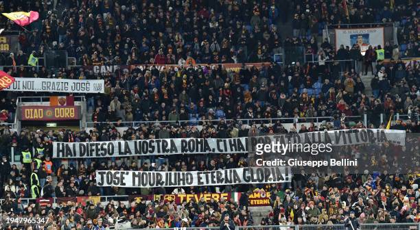 Roma fans display a banner in honor of the Josè Mourinho during the Serie A TIM match between AS Roma and Hellas Verona FC - Serie A TIM at Stadio...