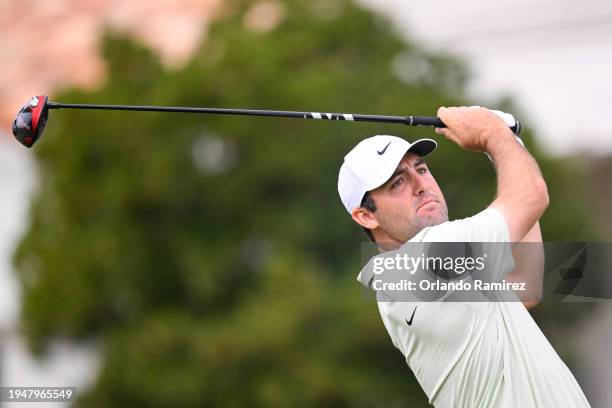 Scottie Scheffler of the United States hits a tee shot on the fifth hole during the third round of The American Express at Pete Dye Stadium Course on...