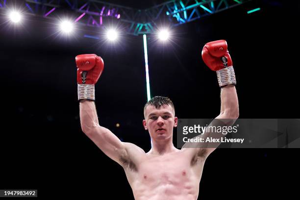 Aaron McKenna celebrates victory after a stoppage in the WBC International Super-Middleweight fight between Aaron McKenna and Mickey Ellison at M&S...