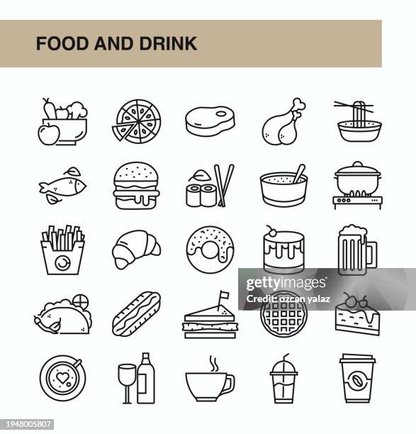 food and drink line icons editable stroke.steak , chicken , sushi , pizza , hamburger , espresso , water - bakery stock illustrations