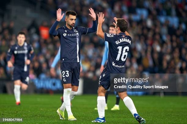 Brais Mendez of Real Sociedad celebrates after scoring his team's first goal during the LaLiga EA Sports match between RC Celta Vigo and Real...