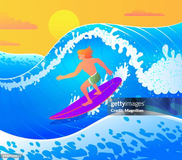 blue wave surfer, summer surf, male rider on ocean wave - surf stock illustrations