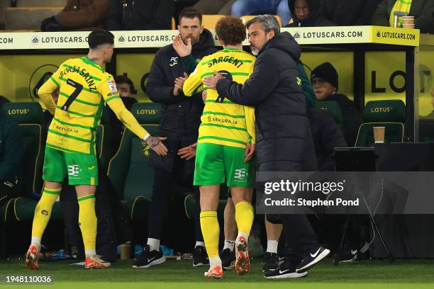 Josh Sargent and Borja Sainz are substituted by Manager David Wagner of Norwich City during the Sky Bet Championship match between Norwich City and...