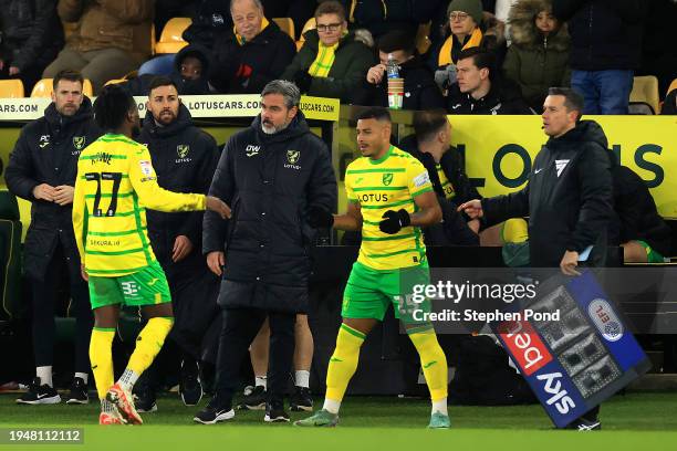 Jonathan Rowe is substituted for Onel Hernandez by Manager David Wagner of Norwich City during the Sky Bet Championship match between Norwich City...