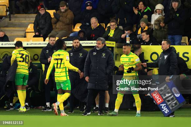 Jonathan Rowe is substituted for Onel Hernandez by Manager David Wagner of Norwich City during the Sky Bet Championship match between Norwich City...