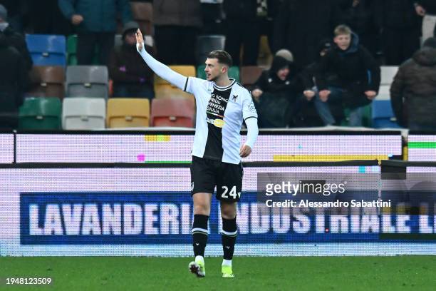 Lazar Samardzic of Udinese Calcio celebrates scoring his team's first goal during the Serie A TIM match between Udinese Calcio and AC Milan at Dacia...