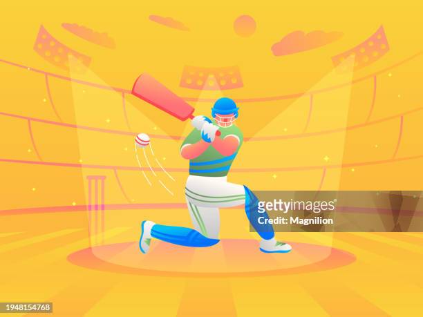 batsmen's brilliance, sunlit cricket triumph, cricket player hits the ball - cricket stadium stock illustrations