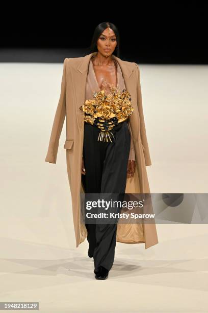 Naomi Campbell walks the runway during the Balmain Homme Menswear Fall/Winter 2024-2025 show as part of Paris Fashion Week on January 20, 2024 in...