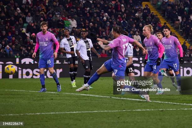 Noah Okafor of AC Milan scores his team's third goal during the Serie A TIM match between Udinese Calcio and AC Milan at Dacia Arena on January 20,...