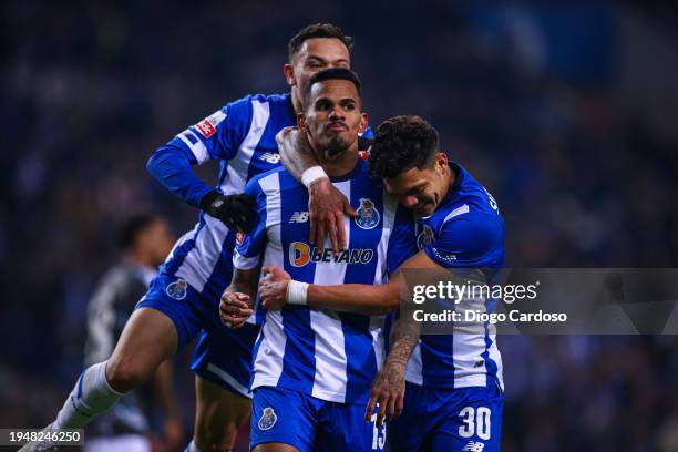 Wenderson Galeno of FC Porto celebrates with Evanilson of FC Porto and Pepe of FC Porto after scoring his team's third goal during the Liga Portugal...