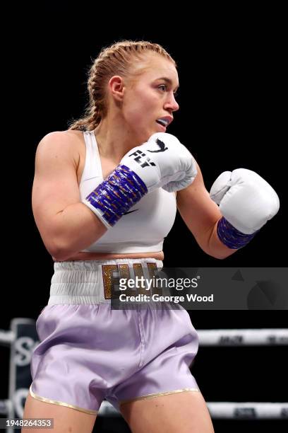 Elle Brooke looks on during the Misfits Boxing Female Middleweight title fight between Andrea Jane Bunker and Elle Brooke at First Direct Arena on...