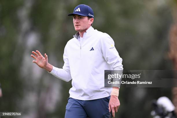 Nick Dunlap of the United States reacts on the sixth green during the third round of The American Express at La Quinta Country Club on January 20,...
