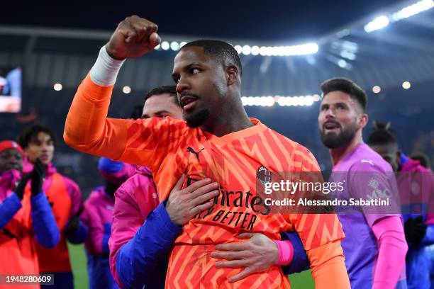 Mike Maignan of AC Milan acknowledges the fans after the Serie A TIM match between Udinese Calcio and AC Milan at Dacia Arena on January 20, 2024 in...