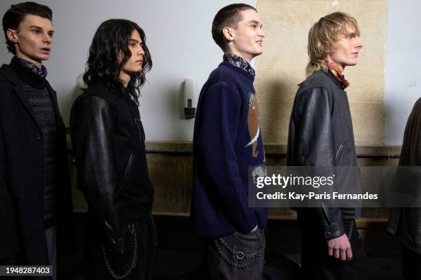 Models wait backstage prior to the White Mountaineering Menswear Fall/Winter 2024-2025 show as part of Paris Fashion Week on January 20, 2024 in...