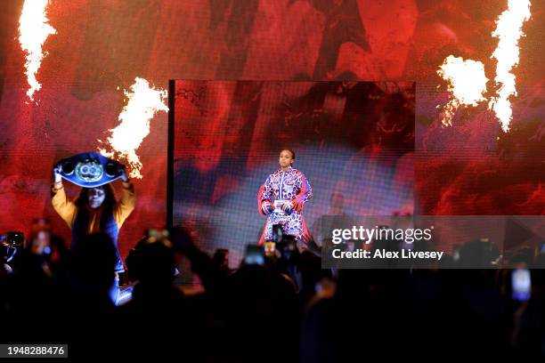 Natasha Jonas walks out prior to the IBF World Welterweight Title fight between Natasha Jonas and Mikaela Mayer at M&S Bank Arena on January 20, 2024...